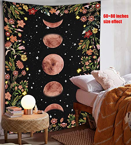 Rexful Moonlit Garden Tapestry, Moon Phase Surrounded by Plants and Flowers Black Wall Hanging Blanket 36×48 inch