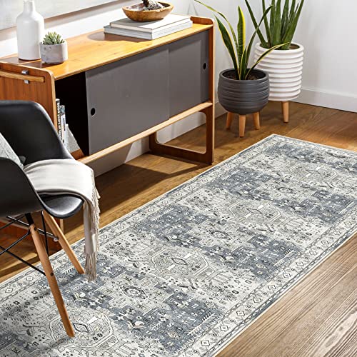 Washable 2x7 Runner Rug for Hallway: Soft Vintage Kitchen Rugs Non-Slip Rug Runner with Rubber Backing for Bathroom Entryway Low Pile Non Shedding Farmhouse Runner Rug (Grey/Blue, 2X7)