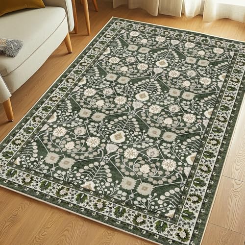 3x5 Rug Machine Washable Rugs：Boho Area Rugs Floral Rug for Living Room,TPR 3x5 Non Slip Dark Green Rugs for Under Table Carpet for Laundry Room Kids Room Dining Room