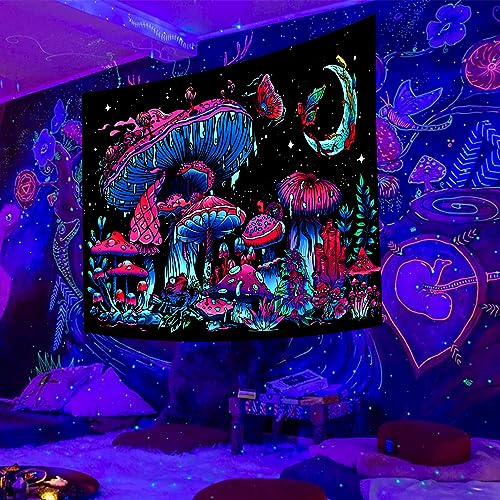 TUGCAY Blacklight Mushroom Tapestry, Glow In The Dark Tapestry Black Light Plant Fantasy UV Reactive Mushroom Butterfly Moon Tapestries Posters Wall Hanging for Bedroom Dorm Decor(50"x60")