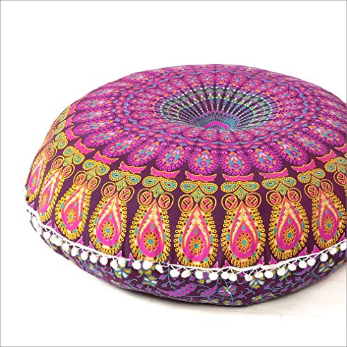 Mandala Floor Pillow Cover Meditation Cushion Seating Throw Hippie Round Colorful Decorative Bohemian Indian Pouf Ottoman Handmade Cover ONLY (A1 Purple 2, 32" x 32")