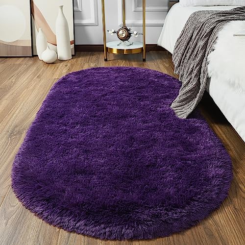 Softlife Oval Fluffy Rugs for Bedroom, 2.6 x 5.3 Feet Shag Cute Area Rug for Girls and Kids Baby Room Home Decor, Indoor Carpet for Nursery Dorm Living Room, Dark Purple