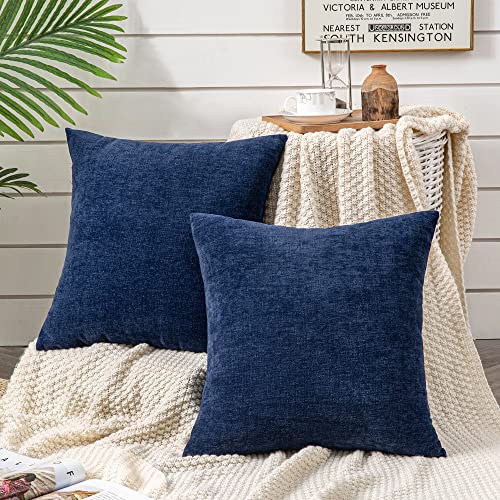 GAWAMAY Decorative Square Throw Pillow Covers 18"x18" Inch Set of 2, Super Soft Chenille Pillows Cover Fall Pillowcase for Living Room Bedroom Sofa Couch Cushion Cover Navy Blue 45x45cm (Only Covers)