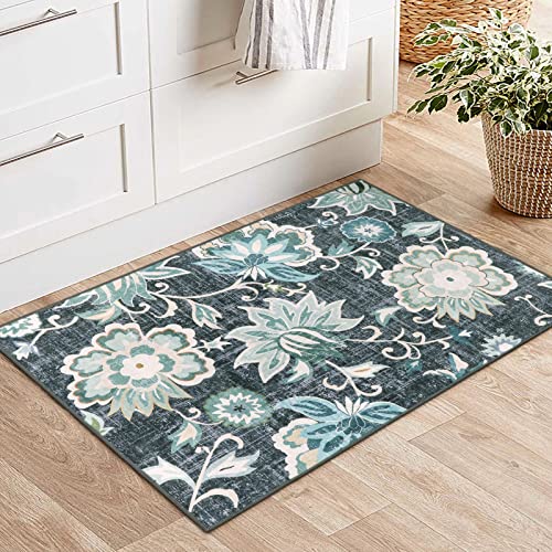 Floral Entry Rugs for Inside House,2x3 Non Slip Washable Kitchen Rug Front Door Mat, Ultra Thin Doormat Non-Shedding Throw Carpet for Bedroom Bathroom (Blue,2'x3')