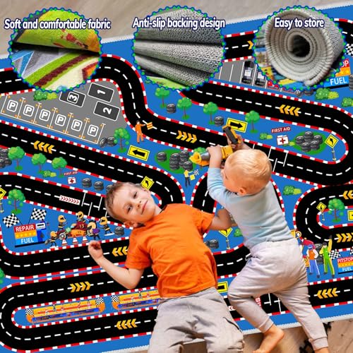 Kids Car Rug for Play Toy Cars, 31''x47'' Race Track Playmat Carpet Kid Play Road Rug for Playroom Classroom Kids Room,Karting Road Racing Track Floor Mat Rugs for Bedroom.