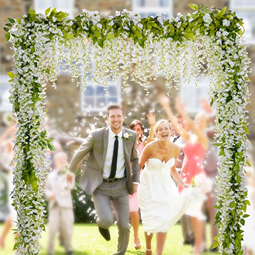 Lvydec Wisteria Artificial Flowers Garland, 4Pcs Total 28.8ft White Artificial Wisteria Vine Silk Hanging Flower for Home Garden Outdoor Ceremony Wedding Arch Floral Decor