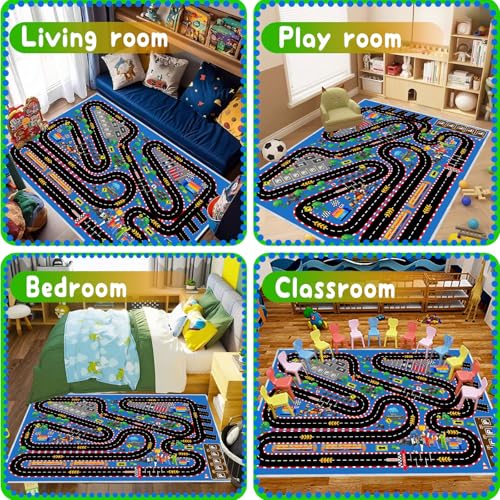 Kids Car Rug for Play Toy Cars, 31''x47'' Race Track Playmat Carpet Kid Play Road Rug for Playroom Classroom Kids Room,Karting Road Racing Track Floor Mat Rugs for Bedroom.