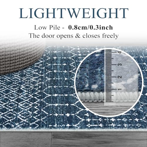 Lahome Moroccan Indoor Rugs for Entryway 2x3 Area Rug Non-Slip Backing Washable Inside Door Mats Low-Profile Throw Soft Rugs for Bathroom, Geometric Print Distressed Blue Rug for Kitchen Bedside Hana