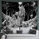 Black and White Goth Skull Tapestry for Bedroom, Gothic Skeleton Halloween Wall Tapestries Aesthetic, Horror Ghost Rider Night Sky Moon Dark Wall Hanging Decor for Living Room (51'' x 60'')