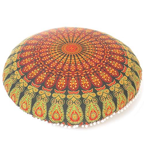 Mandala Floor Pillow Cover Meditation Cushion Seating Throw Hippie Round Colorful Decorative Bohemian Indian Pouf Ottoman Handmade Cover ONLY (A1 Green, 32" x 32")