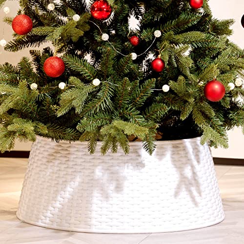 HarcoHome Christmas Tree Collar, 28.4" D Round Base Cover, Plastic Rattan Collar, Tree Ring for Artificial Trees, Tree Skirt for Artificial Xmas Tree Decorations (Extra Large, White)