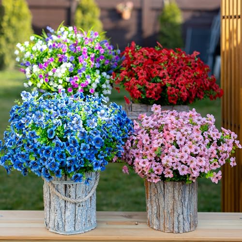 AXYLEX Artificial Flowers for Outdoors, 16 Bundles Fake Plants (Blue) | UV resistant faux plastic flowers, no fade artificial greenery – garden, patio, porch & home