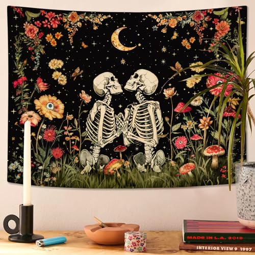 Wegklazax Floral Skeleton Lovers Tapestry Aesthetic Skull Gothic Tapestry for Bedroom The Lovers Wall Hanging for Bedroom Living Room Skull 36×48 Inches