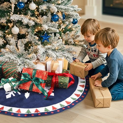 MACTING Christmas Tree Skirt, 30 Inch Round Blue Polyester Christmas Tree Skirts with Big Snowflake and Christmas Tree Printed for Holiday Party Rustic Xmas Tree Decoration