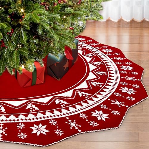 Christmas Tree Skirt 60 Inch, Double-Sided Knit Red Tree Skirt with Snowflakes Patterns Large Knitted Xmas Tree Skirt Rustic for Christmas Trees Party Holiday Christmas Decorations