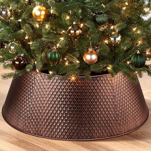 Hatisan Metal Christmas Tree Collar Basket Skirt, 28''Christmas Tree Ring Waterproof Base for Christmas Decorations Indoor Outdoor (Bronze)