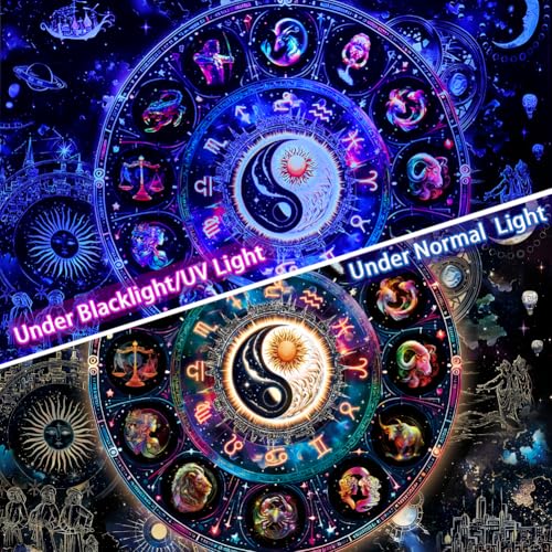 Lahasbja Blacklight Constellation Tapestry UV Reactive Sun and Moon Tapestries Spiritual Zodiac Astrology Wall Tapestries Galaxy Wall Decor Mystic Yin Yang Wall Hanging for Bedroom