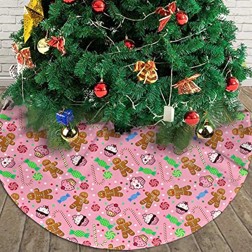 Cute Gingerbread Candy Christmas Tree Skirt 36 Inches Pink Santa Tree Skirts Farmhouse Xmas Tree Mat Ornaments Decorations