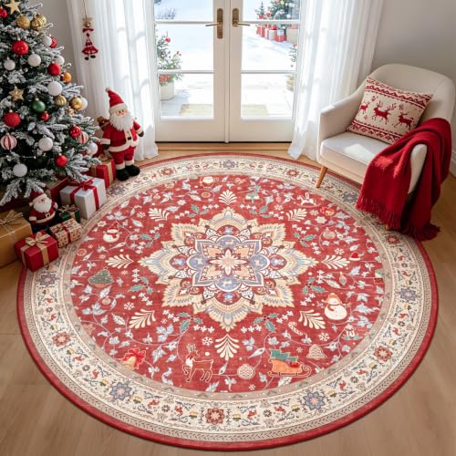 nesrt Round 6Ft Boho Christmas Area Rugs for Living Room Non Slip Washable