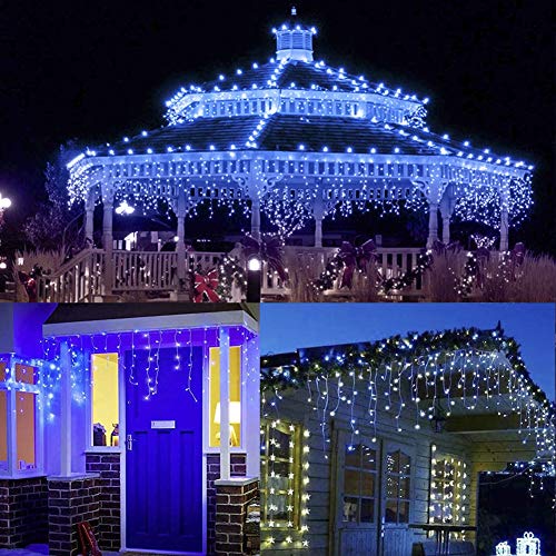300L LED Icicle Lights, Blue+White Window Curtain Lights,8 Modes with 30V Plug in for Wedding, Party, Bedroom, Home, Garden, Outdoor, Indoor Wall,Christmas Decorations,Connectable(Blue+White)
