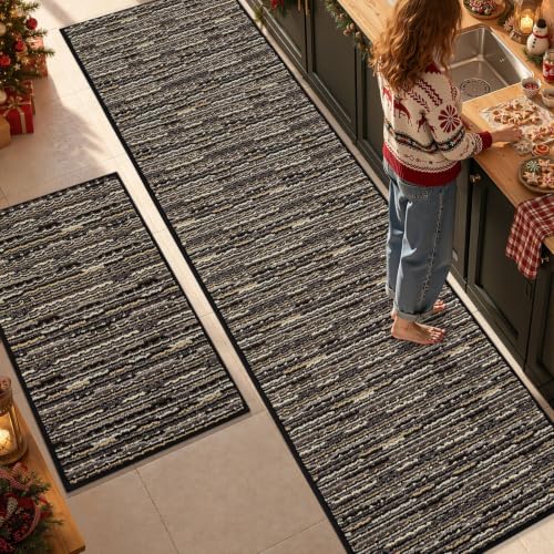 Kitchen Rugs Sets of 2, Non Slip Kitchen Mats for Floor, Black