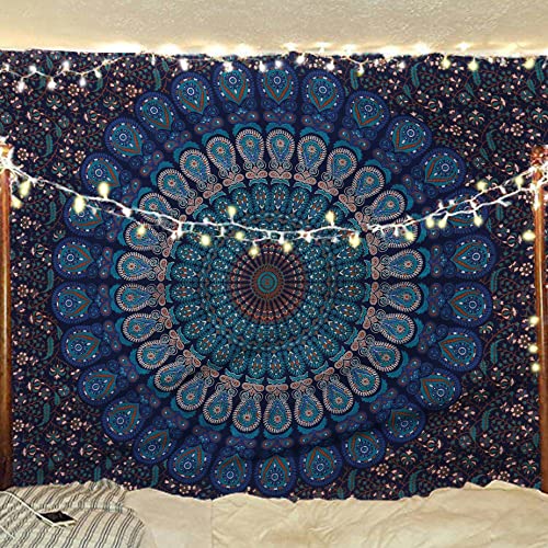 Bless International Handmade Indian hippie Bohemian Psychedelic Peacock Mandala Wall hanging College Dorm Beach Throws Table Cloth Bedding Tapestry (Blue Green, Medium(54x60Inches)(137x152cms))
