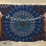 Bless International Handmade Indian hippie Bohemian Psychedelic Peacock Mandala Wall hanging College Dorm Beach Throws Table Cloth Bedding Tapestry (Blue Green, Medium(54x60Inches)(137x152cms))