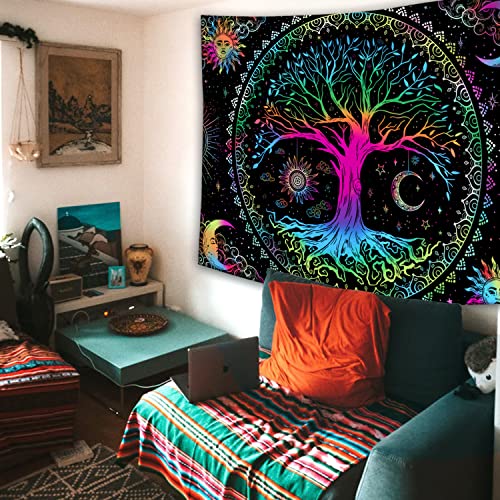 Kanuyee Tree of Life Wall Tapestry - Yin and Yang Sun Moon Star Galaxy Mandala - Black Aesthetic for Room Decor (35''H 47''W)