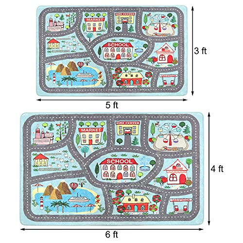 Extra Large Kids Playroom Rug Play Carpet 4’ x 6’, Blue Educational Children’s Play Mat, Learning & Have Fun Safely Non-Slip Washable Road Traffic Floor Area Carpet, Great for Kids Room Bedroom