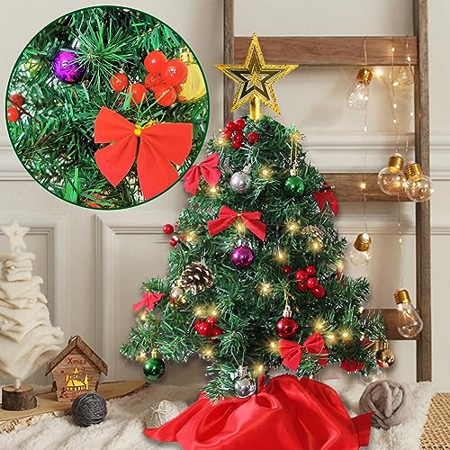 Juegoal 24 Inch Mini Christmas Tree Set, Table Top Artificial Christmas Trees with 50 LED Lights, Ornaments and Red Berries, Best DIY Christmas Decorations