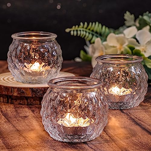 Clear Votive Candle Holders Set of 24- Round Glass Candle Holders Bulk for Tea Light Candle, Diamond Texture Candle Votives for Wedding Centerpiece, Living Room & Home Table Decor