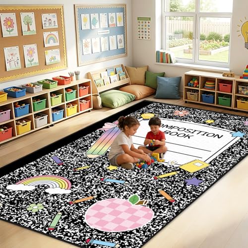 5x7.6 ft Composition Notebook Classroom Rug Black and White Educational Area Mat Composition Book Play Carpet Back to School Learning Mat for Preschool Nursery Kindergarten(Black White Notebook)