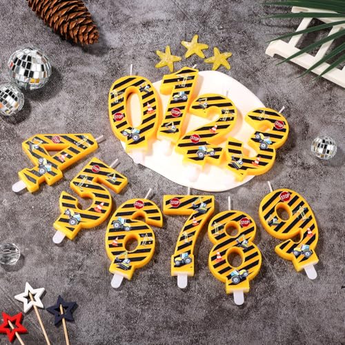 Construction Birthday Candle, Happy Birthday Candles Numbers Construction Cake Topper Yellow and Black Striped Candles for Boys Construction Birthday Party Supplies Decorations (Number 3)