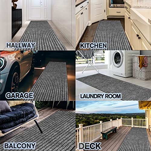 Custom Size Backed Non-Slip Area Rugs Runner, Easy Clean, Waterproof Runner Rugs for Hallway Entryway, Kitchen, Laundry, 2FT x 6FT, Gray Stripe