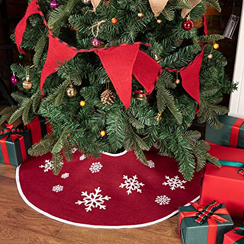 MACTING Christmas Burlap Tree Skirt, 30 Inch Red Countryside Tree Skirt with White Snowflake Printed, Small Rustic Tree Mat for Home Party Holiday Winter Indoor Xmas Decorations