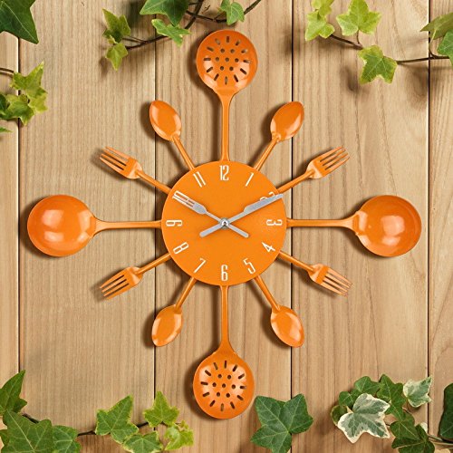 Timelike Wall Clock, 16" Metal Kitchen Cutlery Utensil Spoon Fork Wall Clock Creative Modern Home Decor Antique Style Wall Watch (Orange)