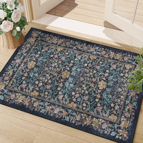 2x3 Entryway Rug, Washable Vintage Floral Area Rug, Dark Blue