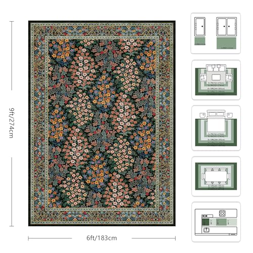 6x9 Area Rugs, Washable Floral Area Rugs for Living Room, Indoor Area Rug for Bedroom, Dining Room, Low Pile Non-Slip Non Shedding Rug(Black Floral)