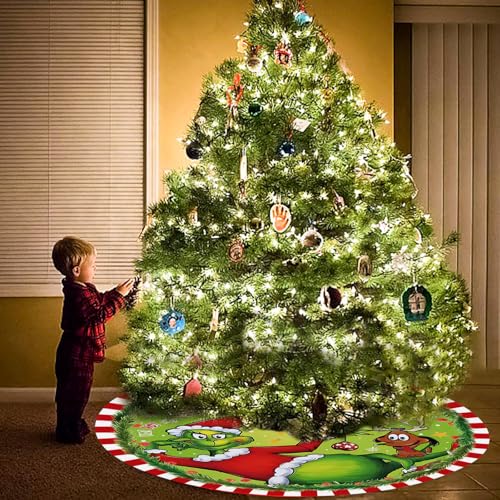 48 Inch Christmas Tree Skirt - Soft and Funny Farmhouse Christmas Tree Collar with Red & Green Trim Decor Xmas Holiday Decoration (Style A)