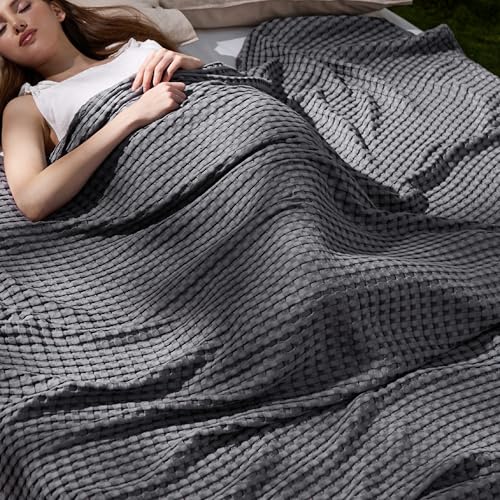 Bedsure Cooling Cotton Waffle Full Size Blanket - Lightweight Breathable Blanket of Rayon Derived from Bamboo for Hot Sleepers, Luxury Throws for Bed, Couch and Sofa, Dark Grey, 80x90 Inches