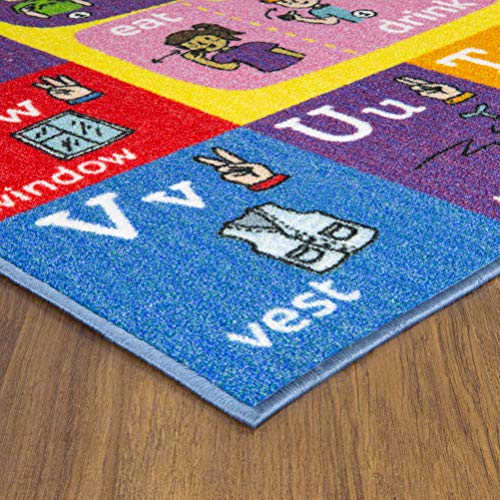 KC Cubs 3x5 ABC Alphabet ASL Sign Language Rug – Educational Non-Slip Carpet Play Mat for Kids, Toddlers, Nursery, Classroom, Playroom, Baby, Daycare