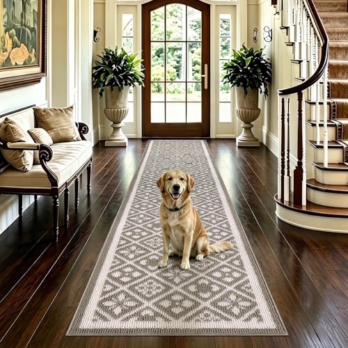 Hallway Runner Rug 2x10 ft,Washable Indoor Brown Entryway Carpet with Non Slip Rubber Backing,Low Pile Heavy Duty Kitchen Floor Mat for Entrance & High Traffic Areas