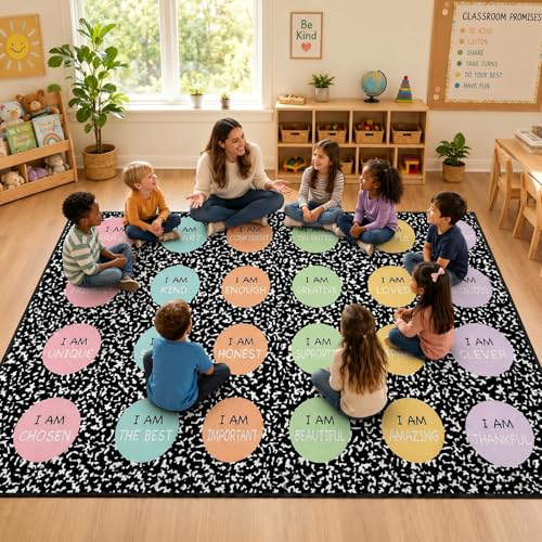 BreezeHug 7.5 x 12 ft Classroom Rug Pastel Composition Notebook Rug Back to School Supplies Educational Area Classroom Carpet Positive Affirmation Station Carpet for Teaching Playroom Read Room Decor