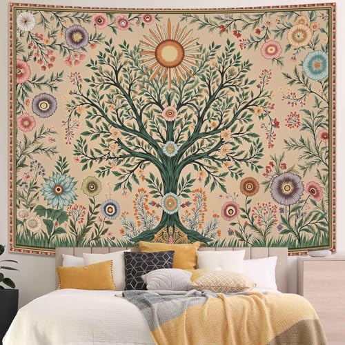 Lunerfex Chakra Tree Wall Tapestry - Celestial Sun & Floral Wall Hanging for Bedroom and Living Room - Boho Spiritual Decor Tapestries 48"x36"