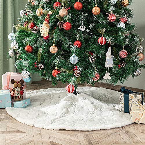 White Plush Christmas Tree Skirt 30 inches Snow White Fur Christmas Tree Skirt Mat with Sliver Sequin Snowflake Xmas Tree Skirt Base Cover for Christmas New Year Decorations (White-S, 78cm)