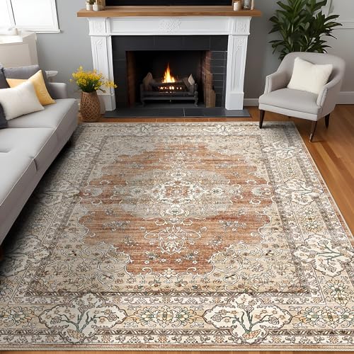 8x10 Washable Area Rug for Living Room - Non-Slip Rugs Terracotta Beige