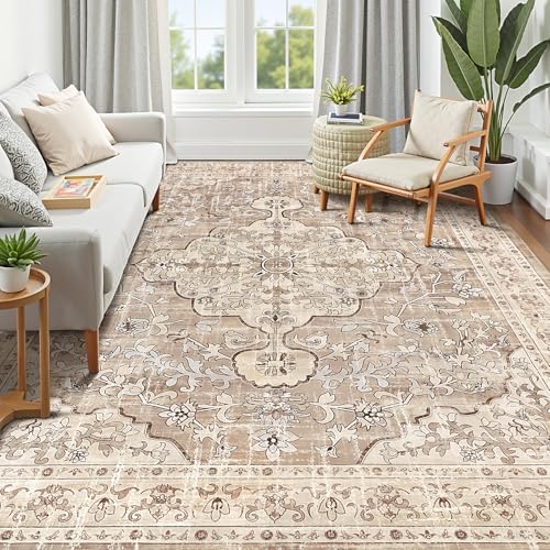 Pauwer 9x12 Area Rugs for Living Room, Non Slip Washable Rug, Beige Brown