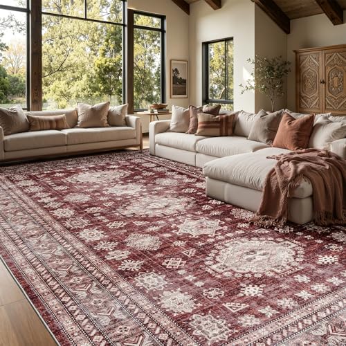 9x12 Living Room Rug Washable Non Slip Distressed Large Carpet, Burgundy