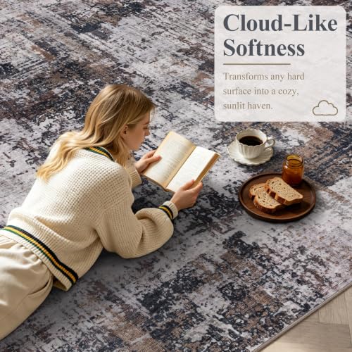 Sasttie 9x12 Washable Area Rug, Modern Abstract Large Carpet, Black & Brown