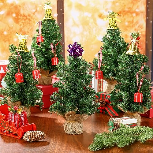 Yinder Tabletop 6 Pcs Mini Christmas Tree 11.81 Inch Artificial Mini Xmas Miniature Pine Christmas Tree with Linen Base for Xmas Holiday Decorations Indoor Home Kitchen Dining Table